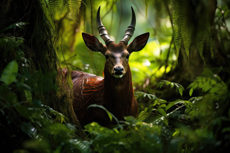 Elusive Saola, also known as the Asian unicorn, gracefully navigating a lush, untouched forestの素材