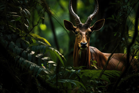 Elusive Saola, also known as the Asian unicorn, gracefully navigating a lush, untouched forestの素材