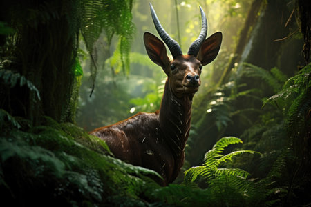 Elusive Saola, also known as the Asian unicorn, gracefully navigating a lush, untouched forestの素材