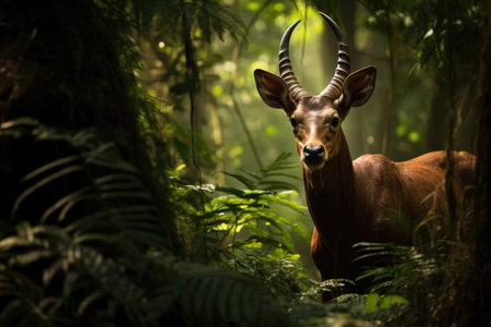 Elusive Saola, also known as the Asian unicorn, gracefully navigating a lush, untouched forestの素材