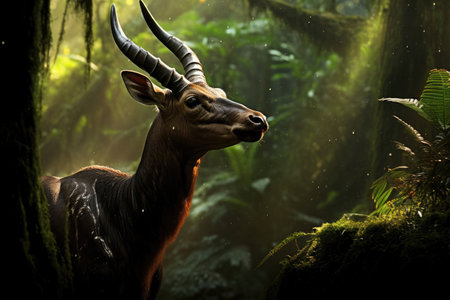 Elusive Saola, also known as the Asian unicorn, gracefully navigating a lush, untouched forestの素材