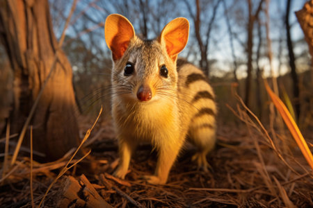 A Numbat, also known as the banded anteater, forages in the Australian bush at sunsetの素材