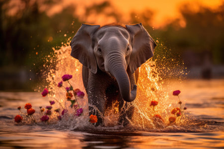 A joyful elephant in vibrant colors is running through the water in the bright light of the sunsetの素材
