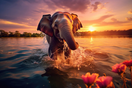 A joyful elephant in vibrant colors is running through the water in the bright light of the sunsetの素材