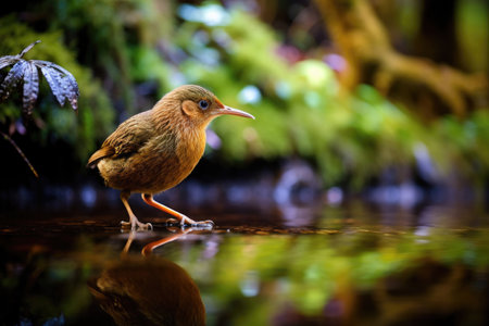 A kiwi bird, small and fascinating, strolls through the lush New Zealand forestの素材