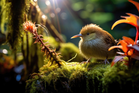 A kiwi bird, small and fascinating, strolls through the lush New Zealand forestの素材