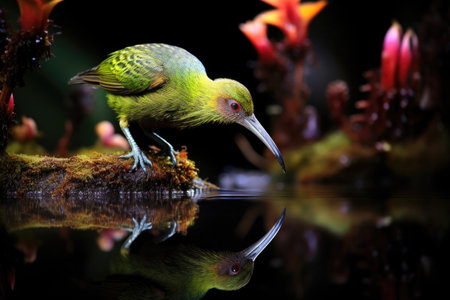 A kiwi bird, small and fascinating, strolls through the lush New Zealand forestの素材