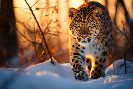 Amur leopard emerges from the snowy forest in the last rays of the sunsetの素材