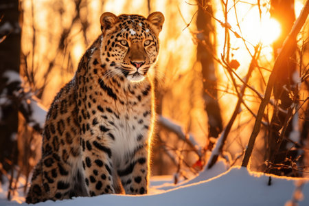Amur leopard emerges from the snowy forest in the last rays of the sunsetの素材