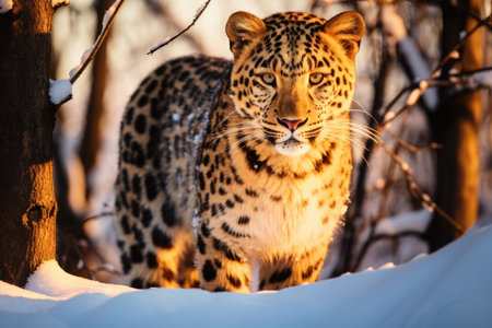 Amur leopard emerges from the snowy forest in the last rays of the sunsetの素材