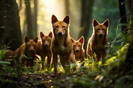 A pack of Dholes, also known as Asiatic wild dogs, in their natural habitatの素材