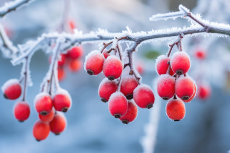 Christmas berries against a frosty backgroundの素材