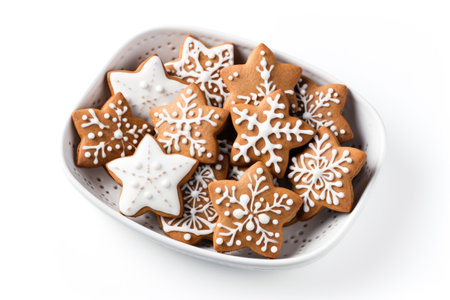 Appetizing freshly baked cookies with icing on a white backgroundの素材