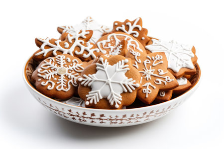 Appetizing freshly baked cookies with icing on a white backgroundの素材