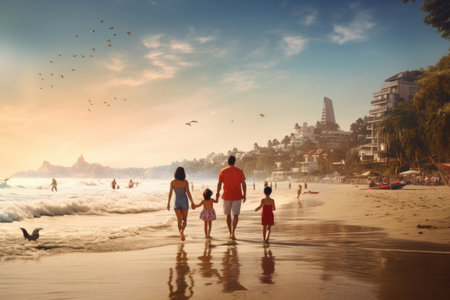 A diverse family exploring both the serene beach and bustling cityの素材