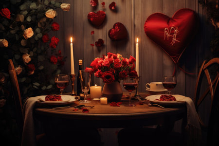 A romantic candlelit dinner for two, adorned with flowers and heart-shaped decorationsの素材