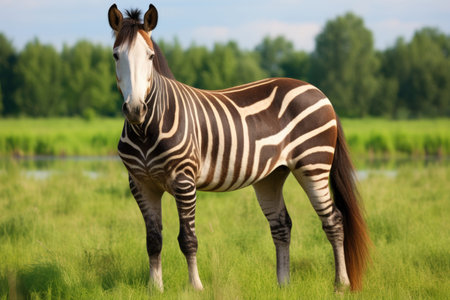 A Zorse a hybrid between a zebra and a horse in a natural field settingの素材