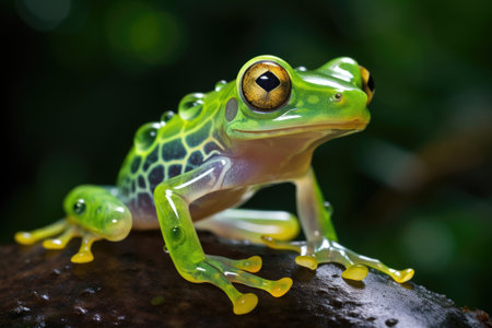 A Glass Frog, perched on a lush leaf in a tropical rainforestの素材