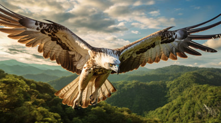 A Philippine Eagle soaring in the sky, showing its impressive wingspan and regal presenceの素材