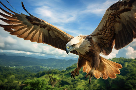 A Philippine Eagle soaring in the sky, showing its impressive wingspan and regal presenceの素材