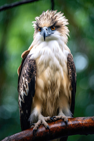 A Philippine Eagle perching on a branch in its natural rainforest habitatの素材