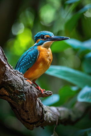 The Guam Kingfisher perching on a weathered branch in a tropical forestの素材