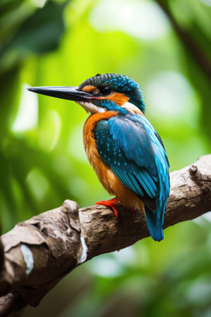 The Guam Kingfisher perching on a weathered branch in a tropical forestの素材
