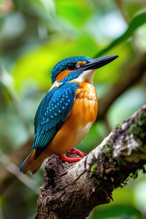 The Guam Kingfisher perching on a weathered branch in a tropical forestの素材