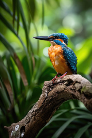 The Guam Kingfisher perching on a weathered branch in a tropical forestの素材