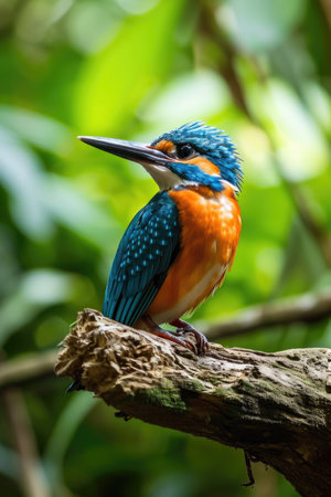 The Guam Kingfisher perching on a weathered branch in a tropical forestの素材