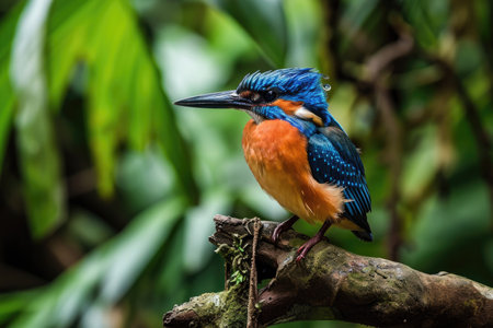 The Guam Kingfisher perching on a weathered branch in a tropical forestの素材