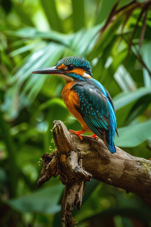 The Guam Kingfisher perching on a weathered branch in a tropical forestの素材