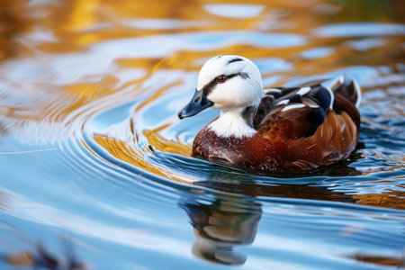 The White-headed Duck gracefully gliding across the calm surface of a reflective wetlandの素材