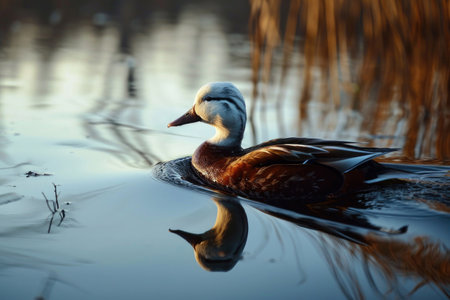 The White-headed Duck gracefully gliding across the calm surface of a reflective wetlandの素材