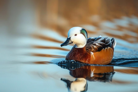 The White-headed Duck gracefully gliding across the calm surface of a reflective wetlandの素材