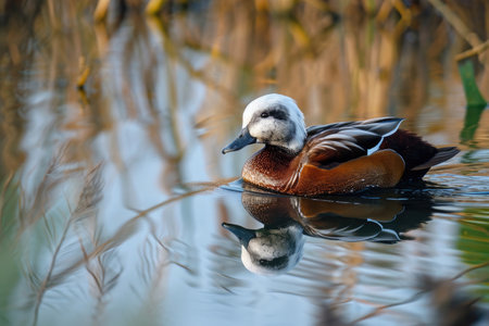 The White-headed Duck gracefully gliding across the calm surface of a reflective wetlandの素材