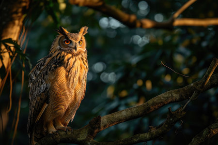 The Philippine Eagle-Owl perching on a dense tree branch during the soft glow of sunsetの素材