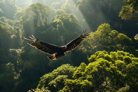 The Madagascar Serpent Eagle soaring gracefully above the emerald canopy of the rainforestの素材