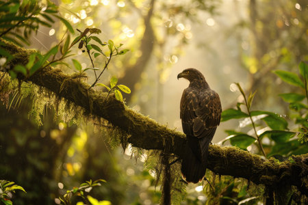 The Madagascar Serpent Eagle perched atop a moss-covered branch in the heart of the lush rainforestの素材