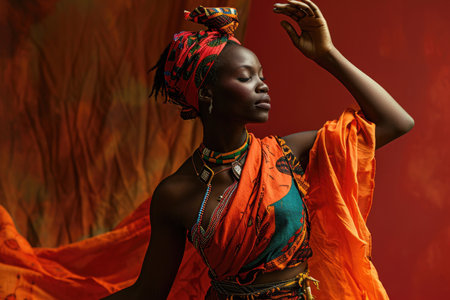 African woman adorned in traditional attire performs a danceの素材