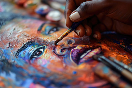 A woman artist creating a vibrant mural that pays homage to African culture and historyの素材