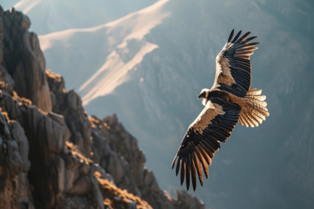 The Bearded Vulture soaring high above a rugged mountain landscapeの素材