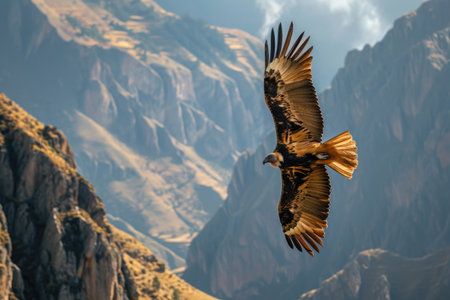 The Bearded Vulture soaring high above a rugged mountain landscapeの素材
