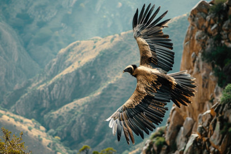 The Bearded Vulture soaring high above a rugged mountain landscapeの素材