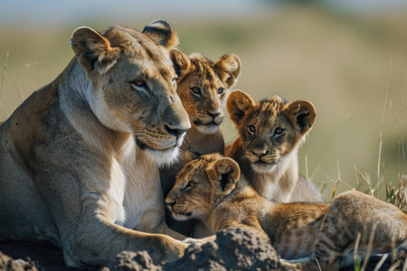 A lioness with her cubs in a tender momentの素材