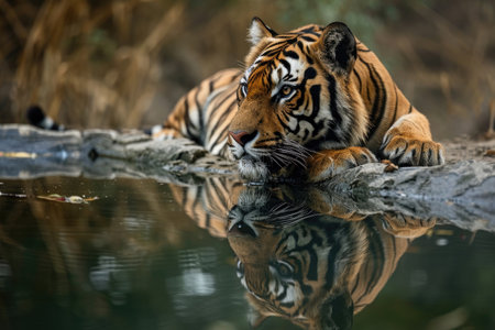 A tiger in a reflective moment by a serene waterholeの素材