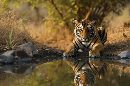 A tiger in a reflective moment by a serene waterholeの素材