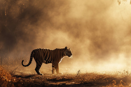 A tiger in the misty morning lightの素材