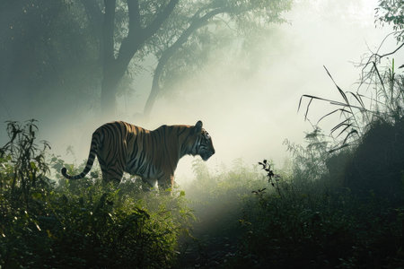 A tiger in the misty morning lightの素材