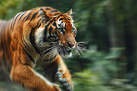 A dynamic photograph capturing the intense energy of a tiger in mid-pounceの素材